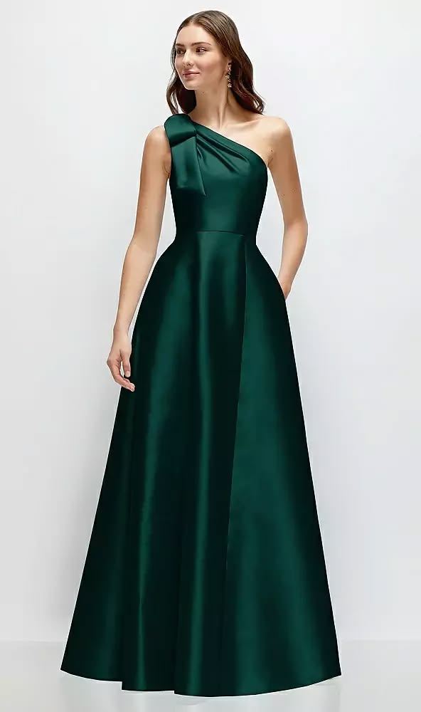 Bow One Shoulder Full A Line Satin Maxi Dress In Midnight Navy
