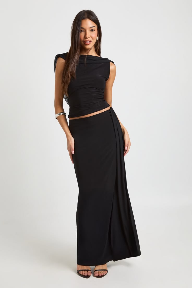 Black Boohoo Slinky Maxi Skirt With Mesh Drape Nasty Gal Usa