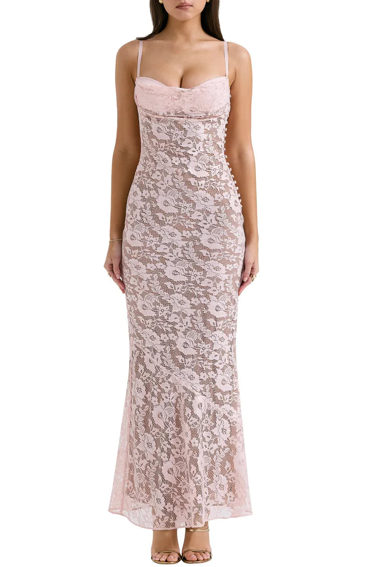Azzurra Metallic Lace Body Con Gown In Pink At