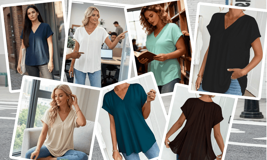 Saffron - Patchwork Back Slimming Cotton V-Neck T-Shirt