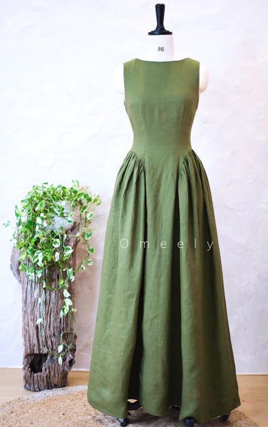 Boat Neck Linen Dress Linen Maxi Dress For Women Open Back Cottagecore