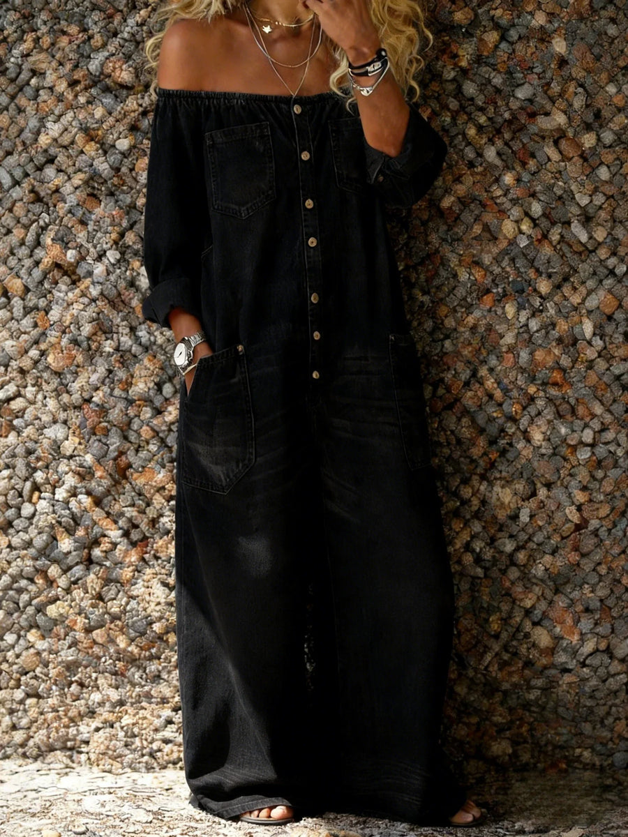 Veda - Off-Shoulder Denim Jumpsuit with Relaxed Fit