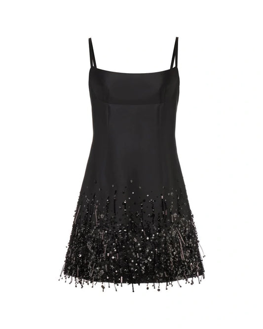 Stella Dress In Black Silk Wool With Tonal Fringe
