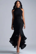 Black Ruffles Mermaid Halter Neck Long Formal Dress With Slit
