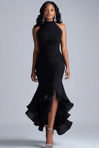 Black Ruffles Mermaid Halter Neck Long Formal Dress With Slit