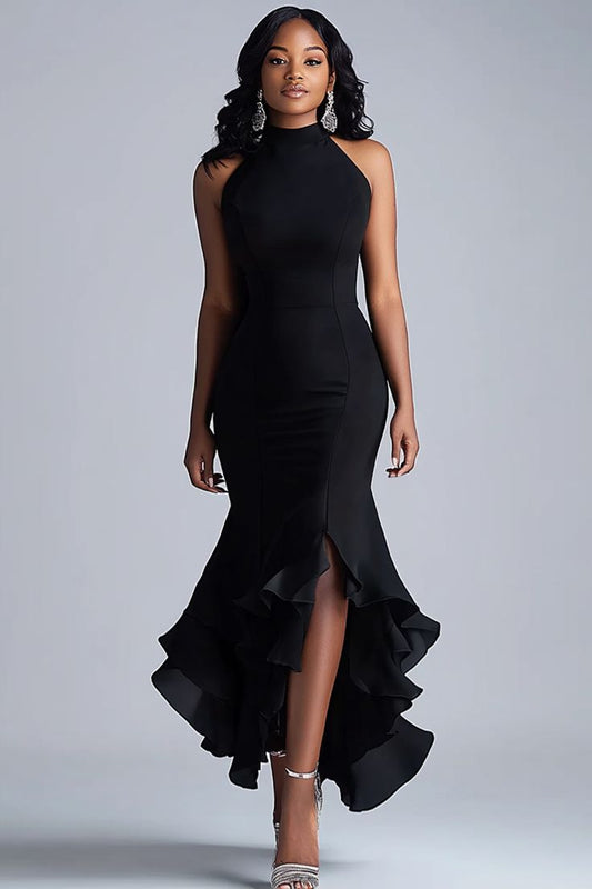 Black Ruffles Mermaid Halter Neck Long Formal Dress With Slit