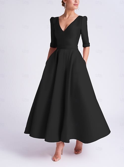 A Line Tea Length Cocktail Dress Party Dress Elegant Half Sleeve V