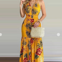 Tropical Print Halter Backless Maxi Dress Color: Yellow Size: S