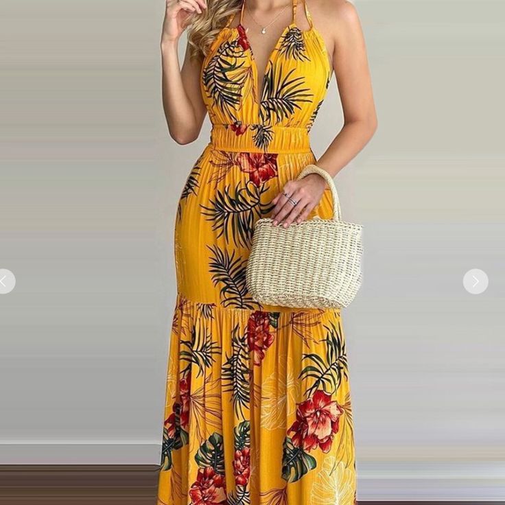 Tropical Print Halter Backless Maxi Dress Color: Yellow Size: S