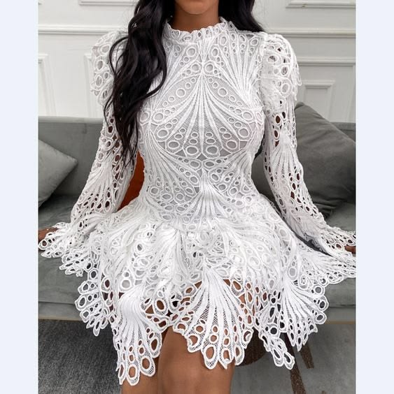 Long Sleeve Pure Color Women's White Lace Dress