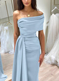 Missacc Sky Blue Prom Dress One Shoulder Sleeveless Sweep Train Prom