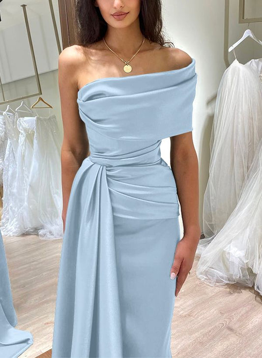 Missacc Sky Blue Prom Dress One Shoulder Sleeveless Sweep Train Prom