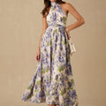 Purple Boho Floral Print Ruched Sleeveless Maxi Dress Color: Purple