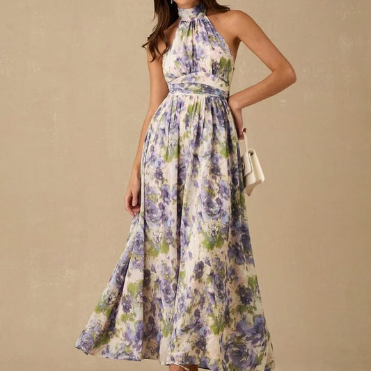 Purple Boho Floral Print Ruched Sleeveless Maxi Dress Color: Purple