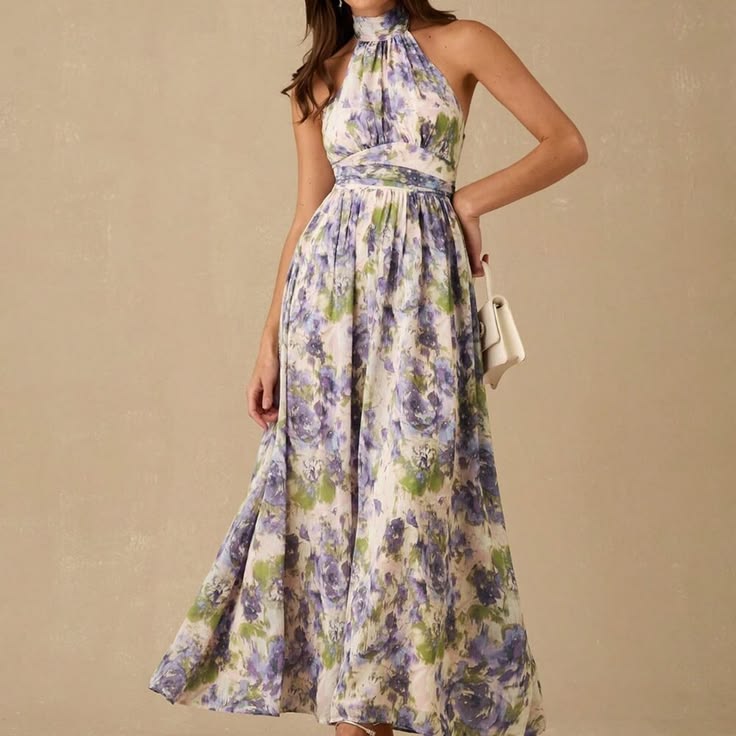 Purple Boho Floral Print Ruched Sleeveless Maxi Dress Color: Purple