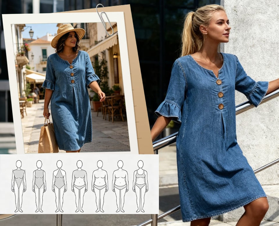 Mila - Ruffle Sleeve Denim A-Line Dress with Button Detail