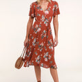 Dress Jet Set For Sun Rust Red Tropical Print Wrap Midi Dress Size L