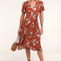 Dress Jet Set For Sun Rust Red Tropical Print Wrap Midi Dress Size L