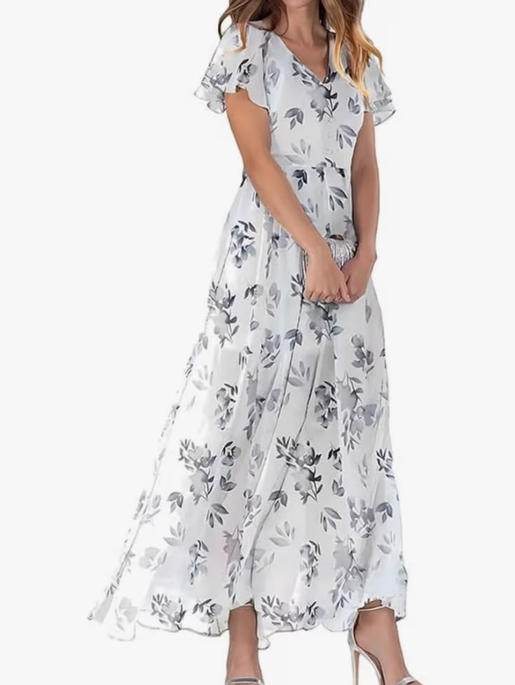 White Floral V Neck Maxi Dress With Flutter Sleeves #69 Color: Gray