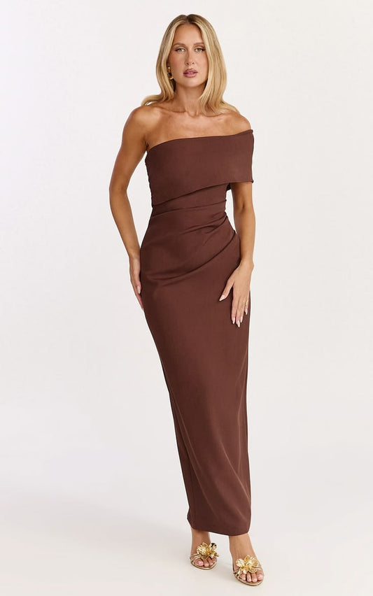 Pearce Maxi Dress Gathered One Sleeve Bodycon Dress In Brown