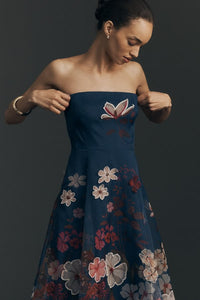Strapless Floral Chiffon Midi Dress