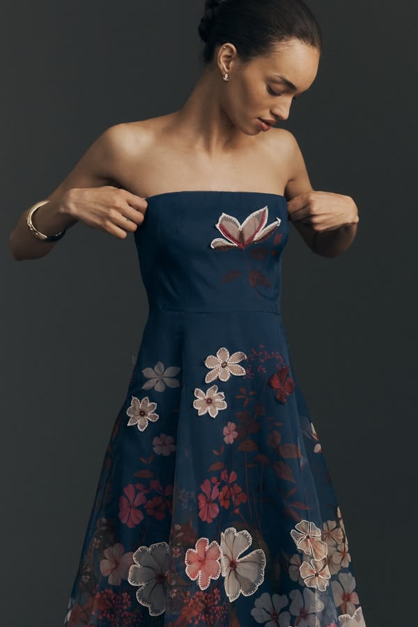 Strapless Floral Chiffon Midi Dress