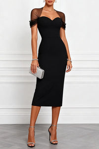 Emilie Mesh Sleeve Patchwork Sweetheart Neck Stretch Midi Dress