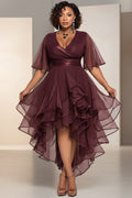 Xpluswear Design Plus Size Cocktail Party Brown Wrap Neck Short Sleeve