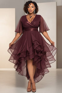 Xpluswear Design Plus Size Cocktail Party Brown Wrap Neck Short Sleeve