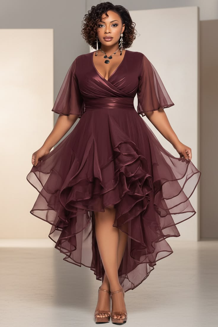 Xpluswear Design Plus Size Cocktail Party Brown Wrap Neck Short Sleeve