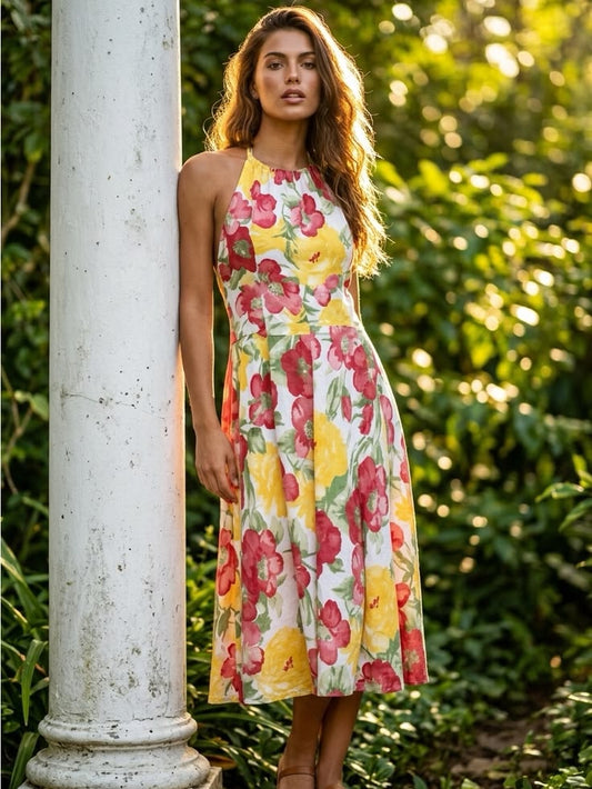 Taylor Dress Taylor Floral Halter Midi Dress In Yellow And Pink Lined