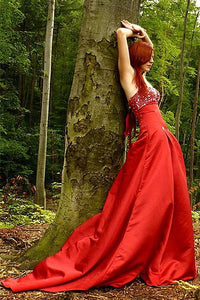 A Line Sweetheart Floor Length Charmuse Bow Backless Prom Dress