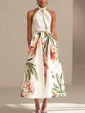 Chic Halter Neck Floral Midi Dress In Ivory Satin Ivory