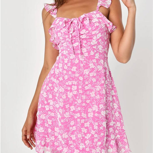 Livi Pink Floral Ruffled Skater Dress
