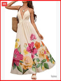 Floral Sleeveless Maxi Dress Deep V Neck Backless Boho Beach Sundress