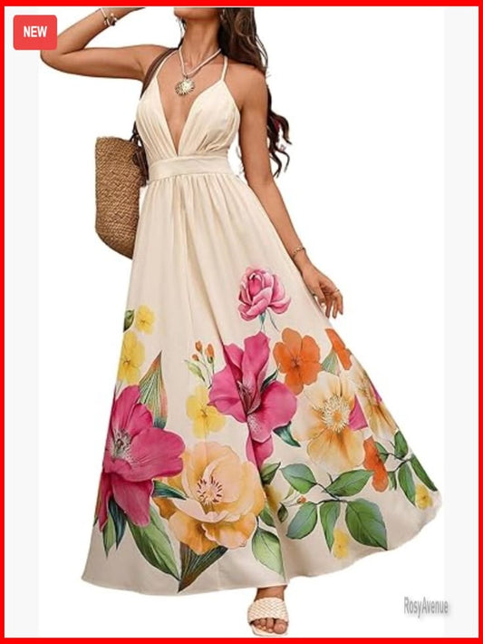 Floral Sleeveless Maxi Dress Deep V Neck Backless Boho Beach Sundress