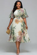 Xpluswear Design Plus Size Cocktail Party Sage Green Floral Round Neck