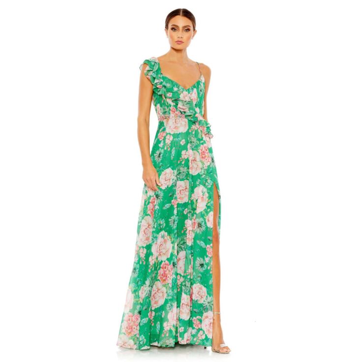 Mac Duggal Dress New, Mac Duggal Floral Print Ruffled Wrap Over A Line