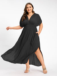 Vip V Neck Batwing Sleeve Pocket Ruched Waist Maxi Dress