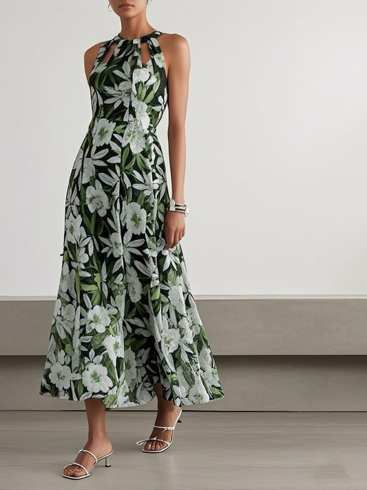 Green Floral Hollow Out Chiffon Halter Crew Neck Sleeveless A-Line Maxi Dress Green-US8
