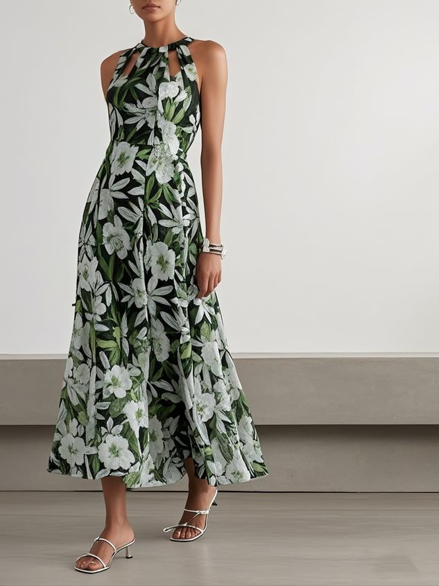 Green Floral Hollow Out Chiffon Halter Crew Neck Sleeveless A-Line Maxi Dress Green-US8