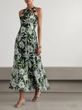 Green Floral Hollow Out Chiffon Halter Crew Neck Sleeveless A Line