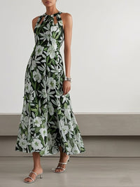 Green Floral Hollow Out Chiffon Halter Crew Neck Sleeveless A Line