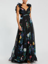 Mac Duggal Dress Mac Duggal 68746 Black Flower Chiffon Gown Dress Size