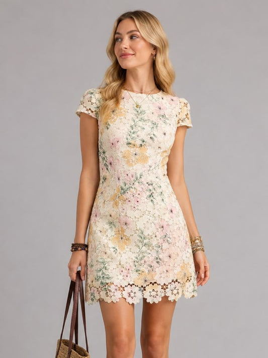 Women's Floral Lace Mini Dress Short Sleeve Cottagecore Summer Party