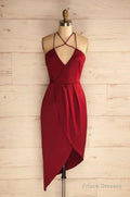 Sheath Halter Asymmetrical Dark Red Satin Homecoming Dress Red