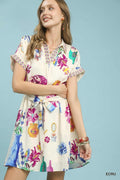 Umgee Floral Print Mini Dress With Belt Ecru