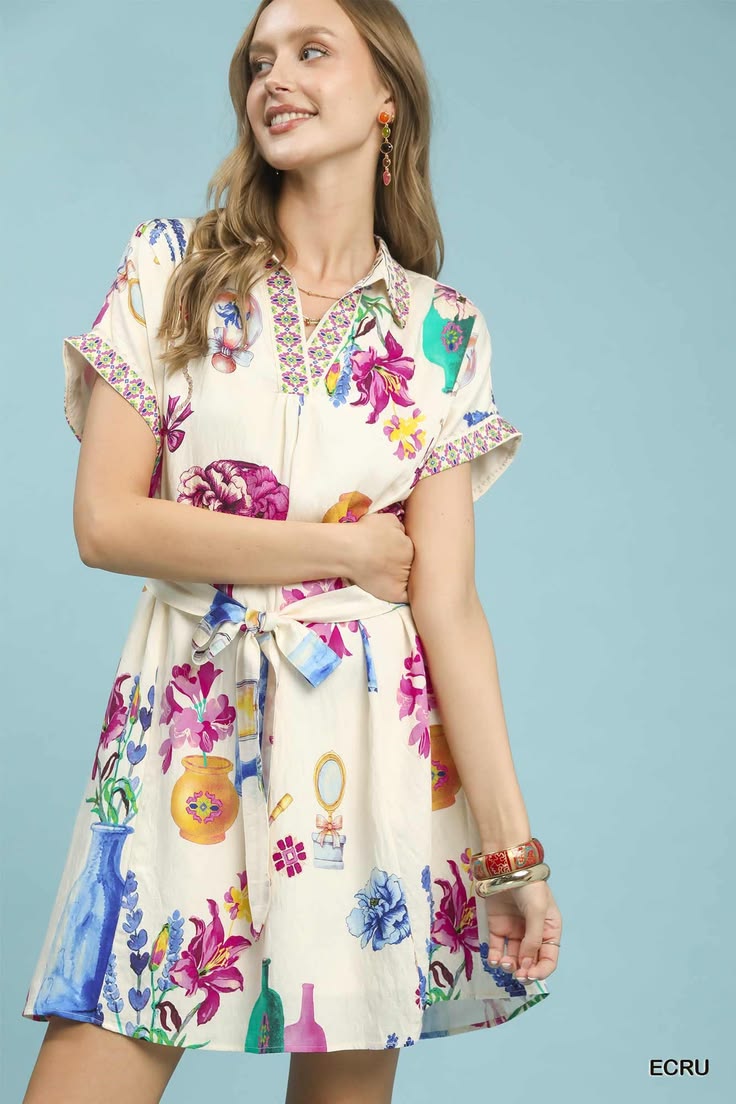 Umgee Floral Print Mini Dress With Belt Ecru
