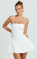 Monet Mini Dress Button Down Ruched Front Fit And Flare Dress In Off