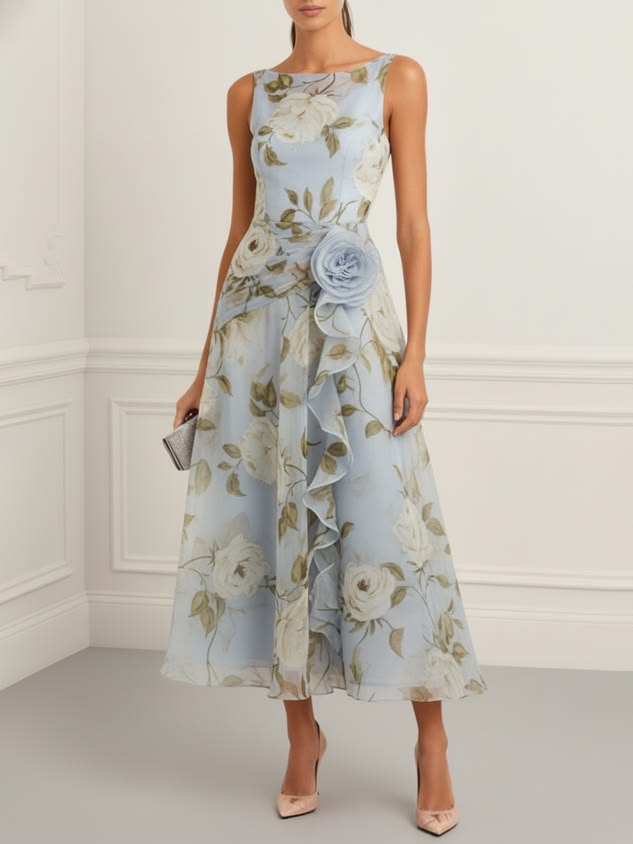 Light Blue 3D Floral Chiffon Boat Neck Sleeveless A Line Midi Dress